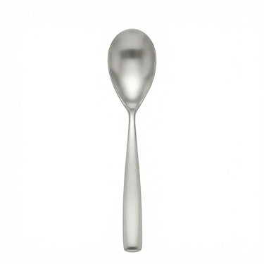 Satin steel dessert spoon on white background