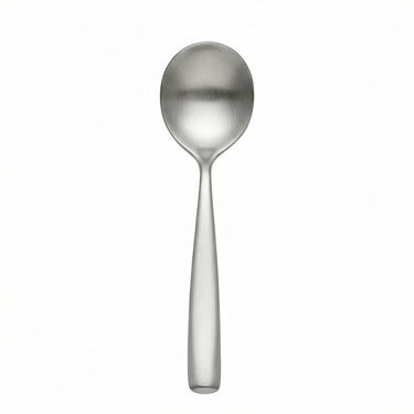 Satin steel soup spoon on white background