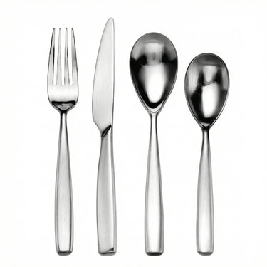 Satin steel 4 piece cutlery set including knvives, forks and spoons on white background