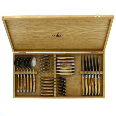 Laguiole 24-piece cutlery set with olive wood handles in wooden box