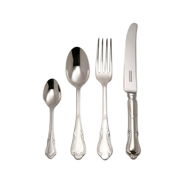 Set of cutlery including a knife, fork, and two spoons on a white background.