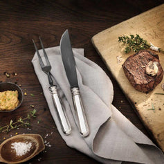Alt-Spaten carving knife and fork in frozen black on board