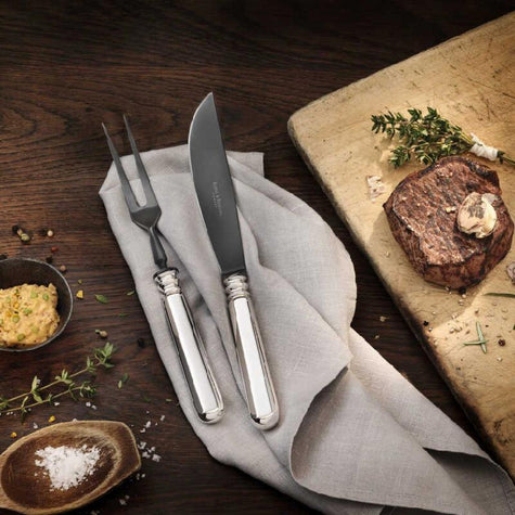 Alt-Spaten carving knife and fork in frozen black on board