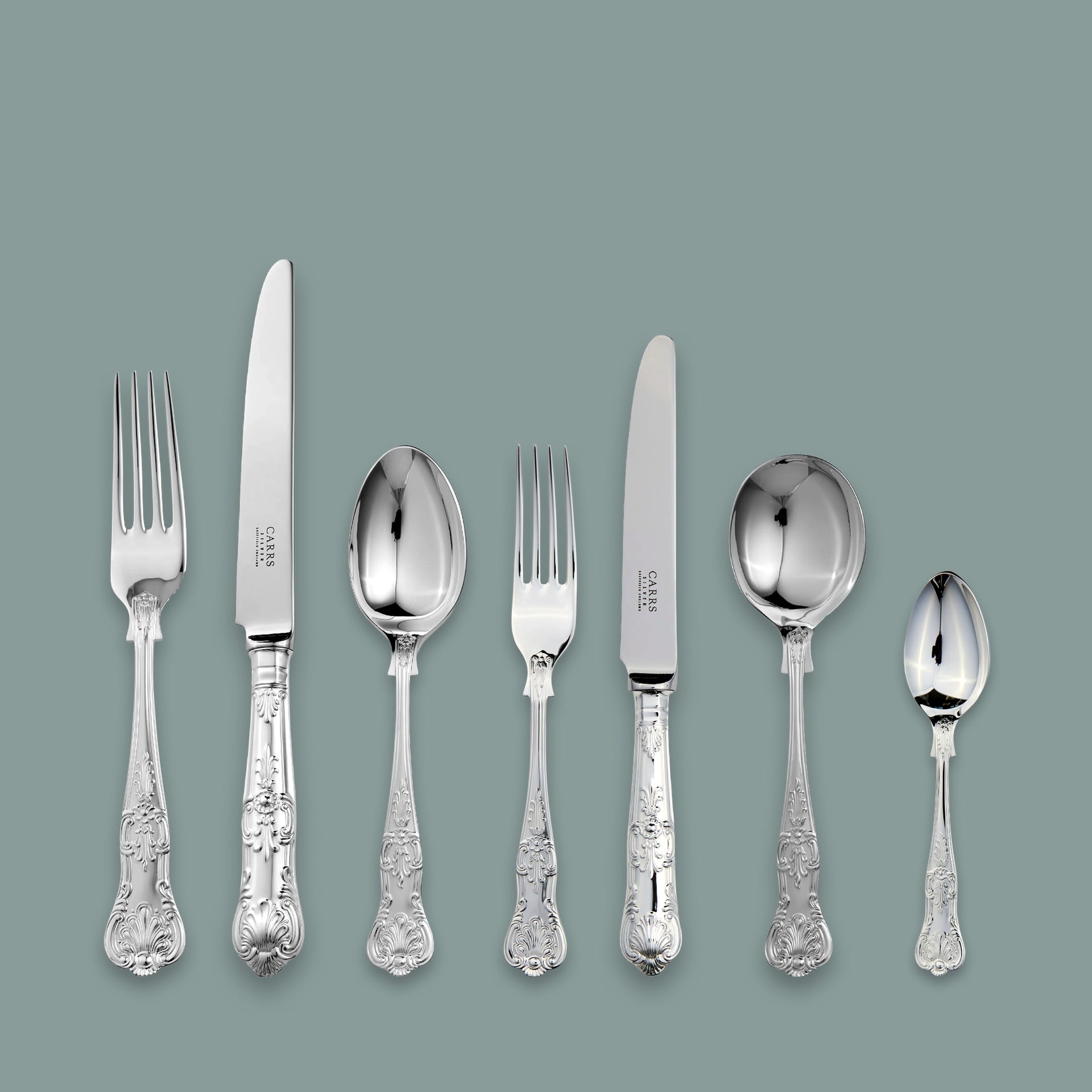 Carrs Queens Sterling Silver 42 piece set x table knives, table forks, soup spoons, dessert knives, dessert forks, dessert spoons, tea spoons