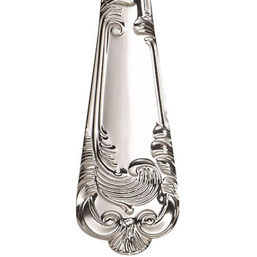 Decorative silver spoon handle on a white background