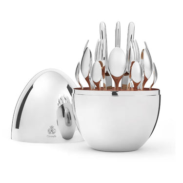 Set of silver cutlery in a decorative container on a white background