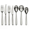 Satin steel 7 piece cutlery set including knvives, forks and spoons on white background