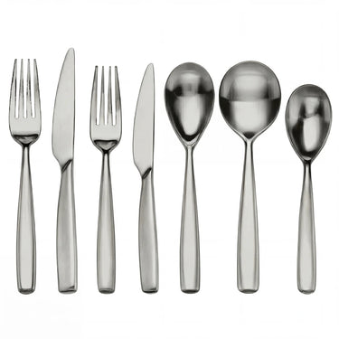 Satin steel 7 piece cutlery set including knvives, forks and spoons on white background