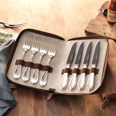 R&B Martele Steak Knife and Fork Set of 4 in Leather Pouch Frozen Black