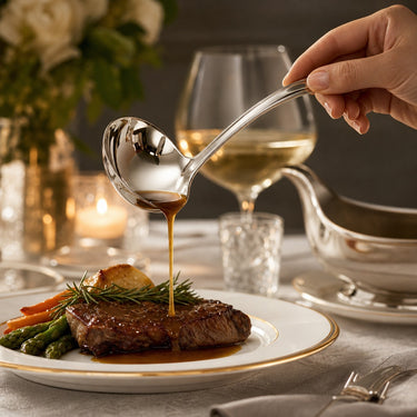 Steak with vegetables being drizzled with sauce, set on a table with a glass of wine and flowers.