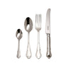 Set of cutlery including a knife, fork, and two spoons on a white background.