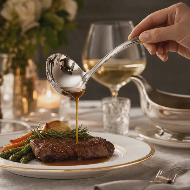 A video of Steak with vegetables being drizzled with sauce, set on a table with a glass of wine and flowers.