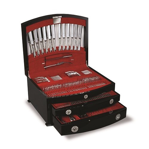 Diablo Cutlery Canteen, Piano black finish with red felt lining, by Carrs Silver Sheffield