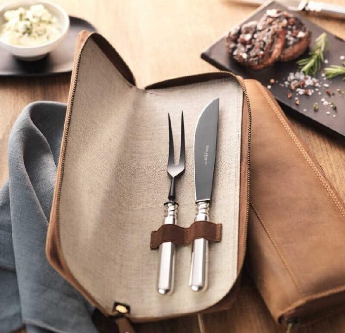 Alt-Spaten carving knife and fork in frozen black in leather bag
