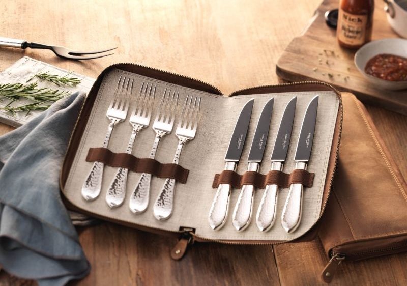 R&B Martele Steak Knife and Fork Set of 4 in Leather Pouch Frozen Black